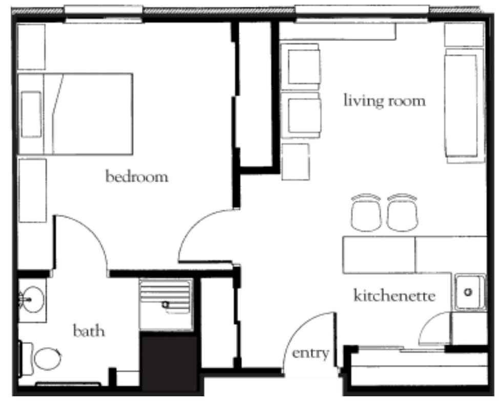 A floor plan depicting a one-bedroom apartment with a living room, kitchenette, bathroom, and entryway.