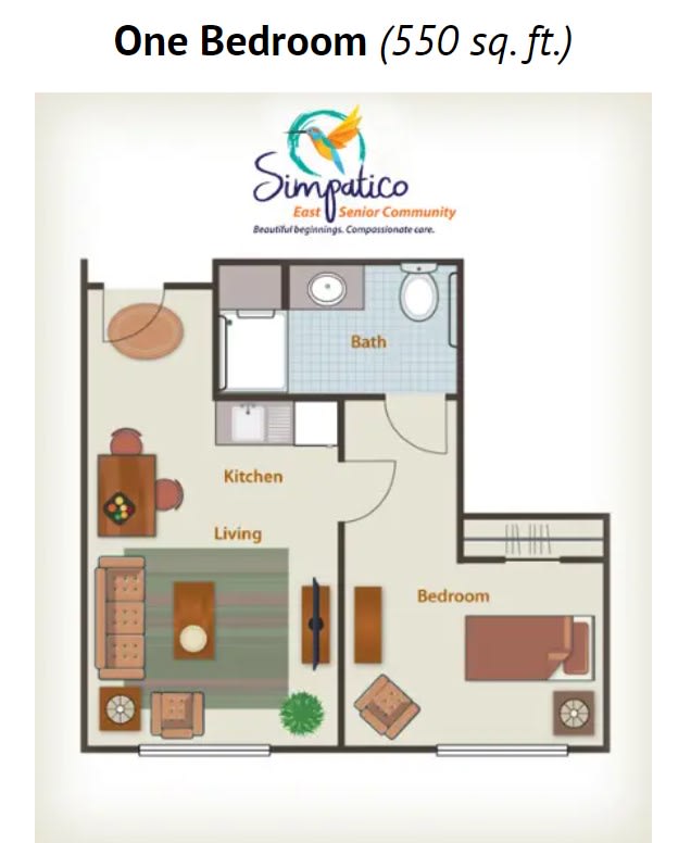 A simple floor plan of a one-bedroom apartment featuring a living room, kitchen, bathroom, and bedroom.