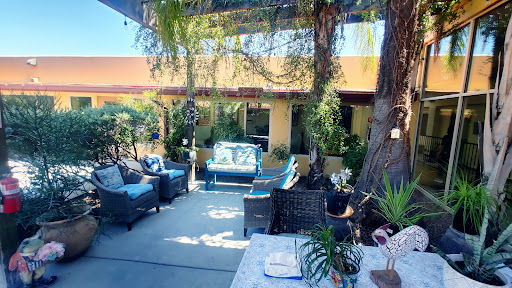A serene outdoor patio space surrounded by greenery, perfect for relaxation and enjoying sunny days.
