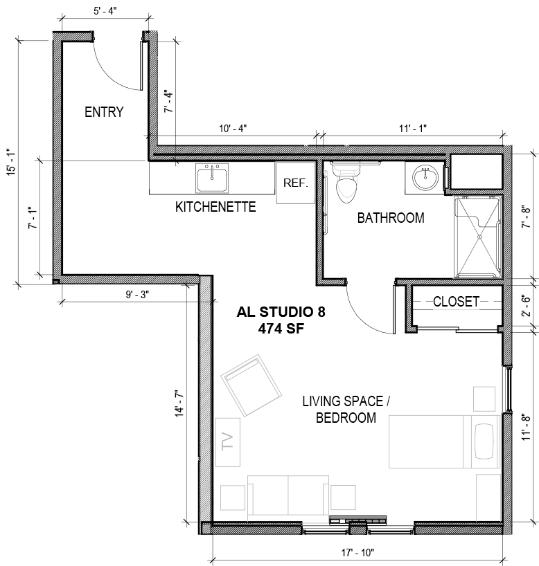 This image shows a simple floor plan with designated spaces for a kitchen, living area, bedroom, and bathroom.