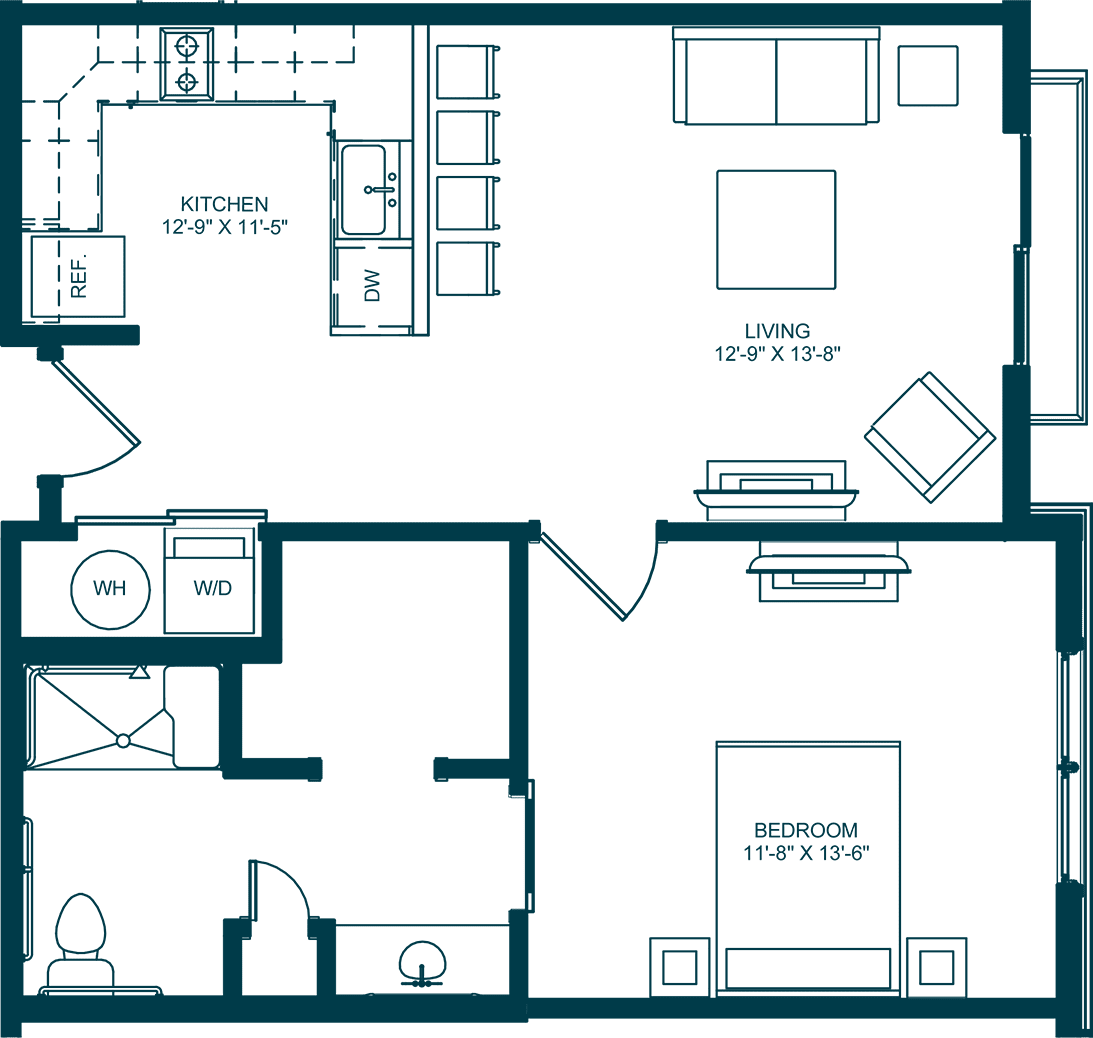 A floor plan layout of an apartment showing living, kitchen, and bedroom areas.