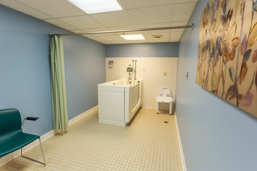 A modern bathroom with blue walls and a freestanding bathtub.