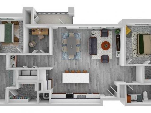 A modern open-concept floor plan featuring a kitchen, dining area, and living room.