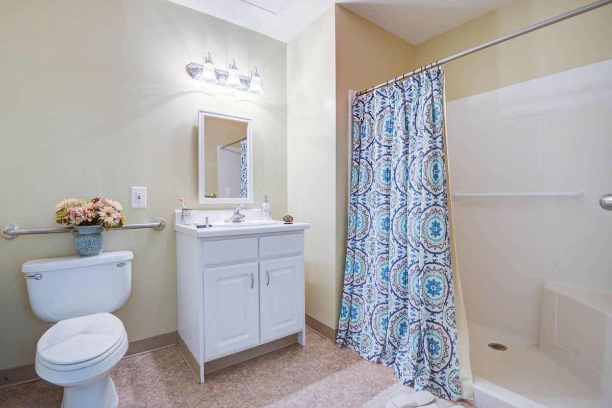 A clean and bright bathroom with a white vanity, mirror, toilet, and patterned shower curtain.