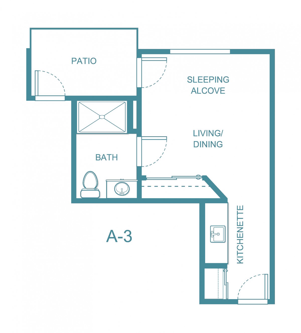 Blueprint of a studio apartment with a patio, bath, kitchen, and sleeping alcove.