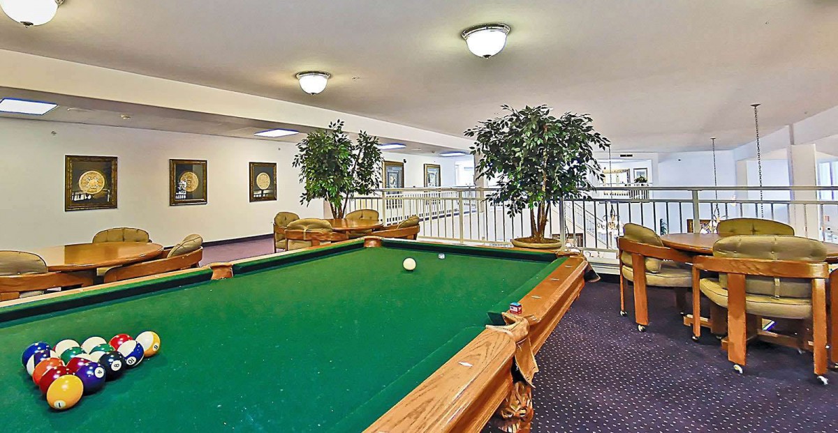 A billiard room featuring a pool table with green felt, surrounded by seating and indoor plants.