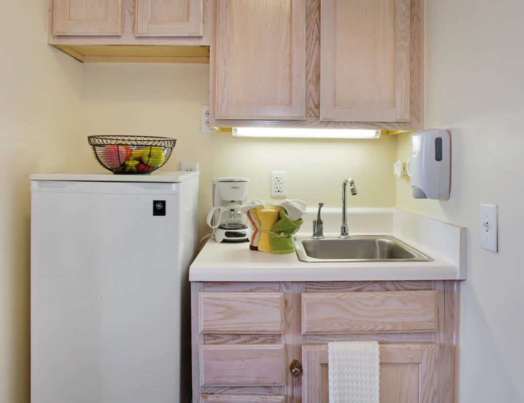 A compact kitchen area with a sink, countertop, and cabinets, featuring kitchen appliances and a fruit bowl.
