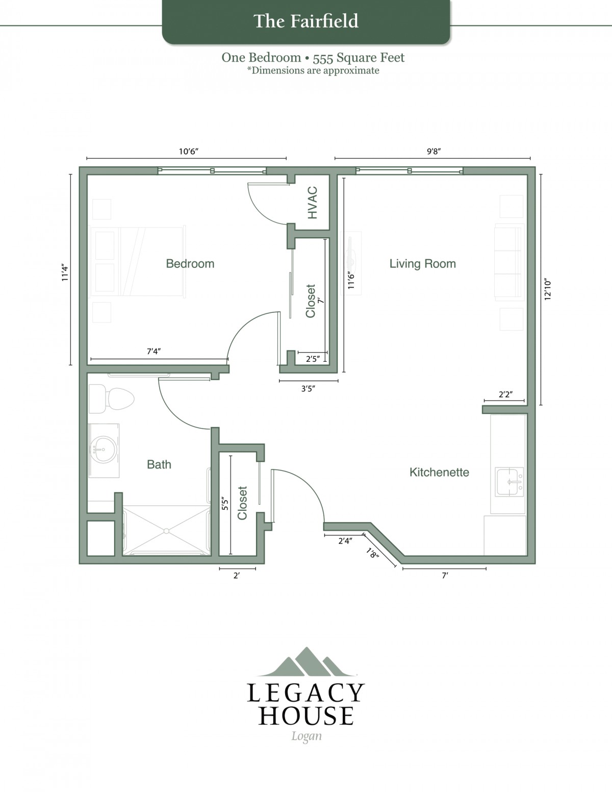 A detailed floor plan showing the layout of an apartment including a bedroom, living room, kitchen, and bath.