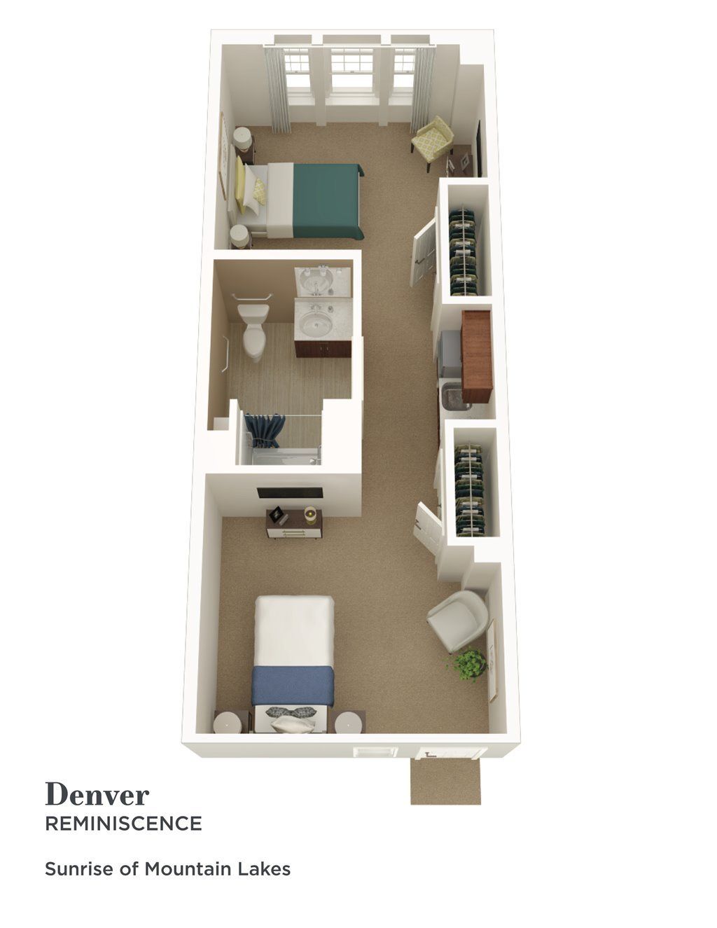 3D floor plan of a two-bedroom apartment with furnishings.