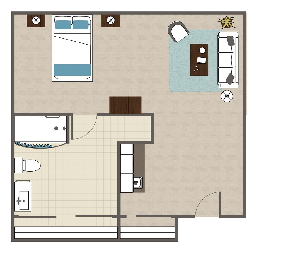 A simple floor plan of an apartment featuring a bedroom, living room, and bathroom.