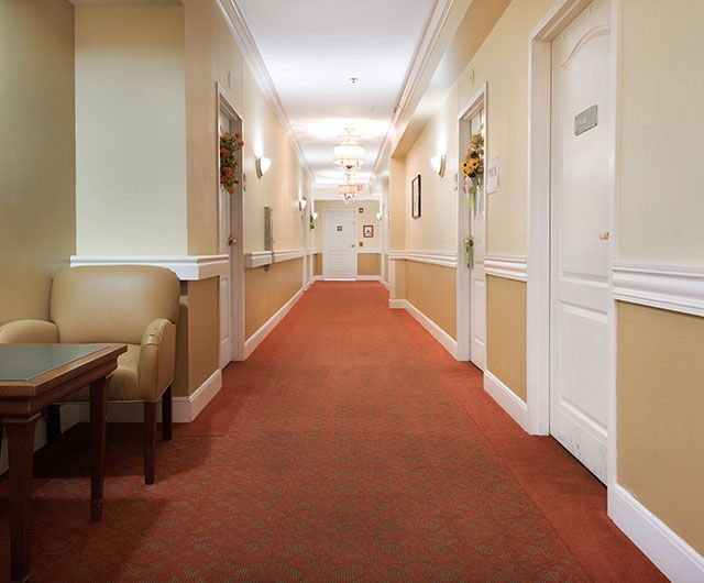 A well-lit, carpeted hallway with multiple doors and elegant decor.