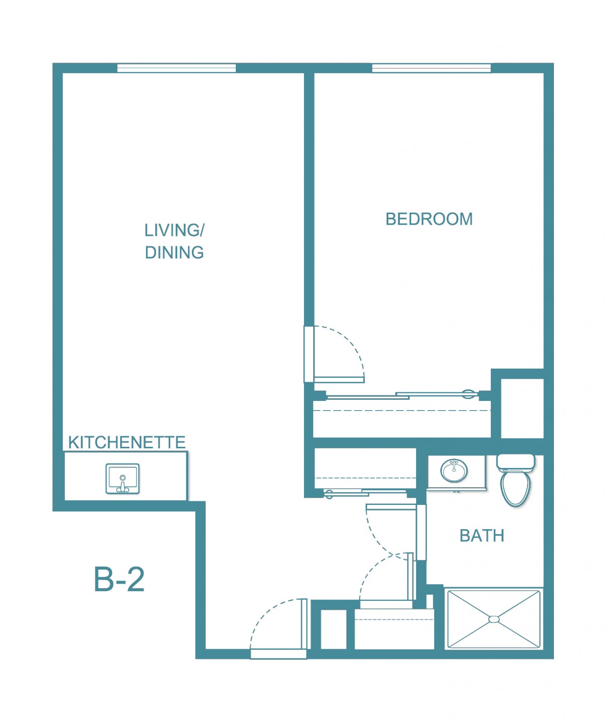 Blueprint of a one-bedroom apartment featuring a living/dining area, kitchenette, and bathroom.