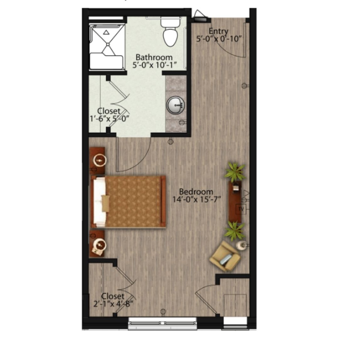 A floor plan of a compact studio apartment featuring a bedroom, bathroom, and kitchen area.