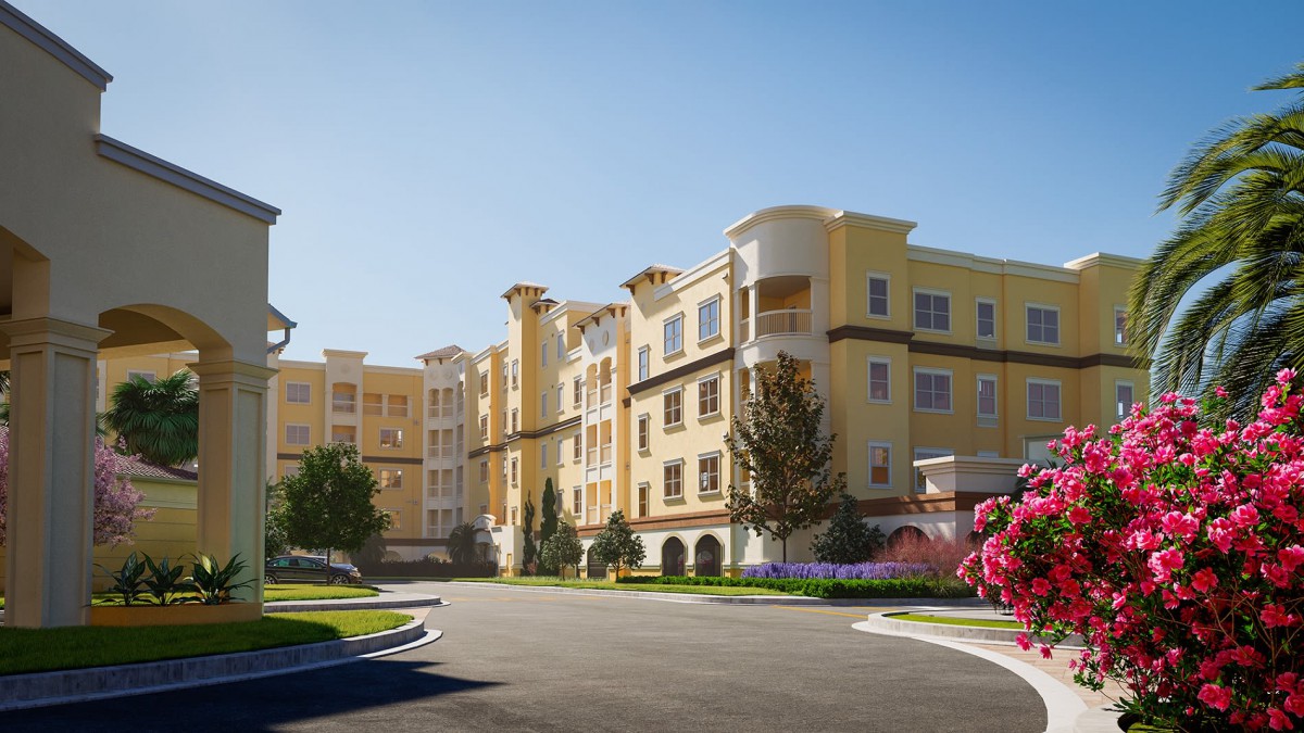 A sunny day view of a modern apartment building with landscaped surroundings.