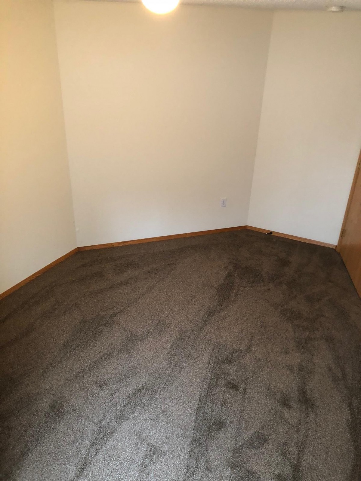 An empty room with carpeted flooring and plain walls.