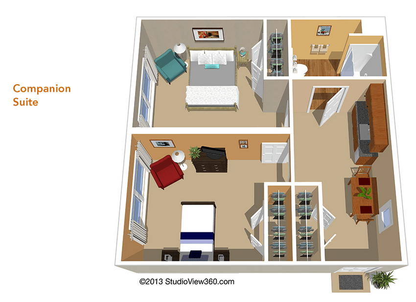 A 3D floor plan illustrating a two-bedroom residential layout with a bathroom and living area.
