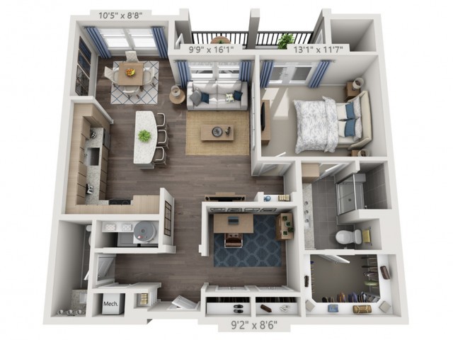 A detailed floor plan of a one-bedroom apartment with a living room, kitchen, and bathroom.