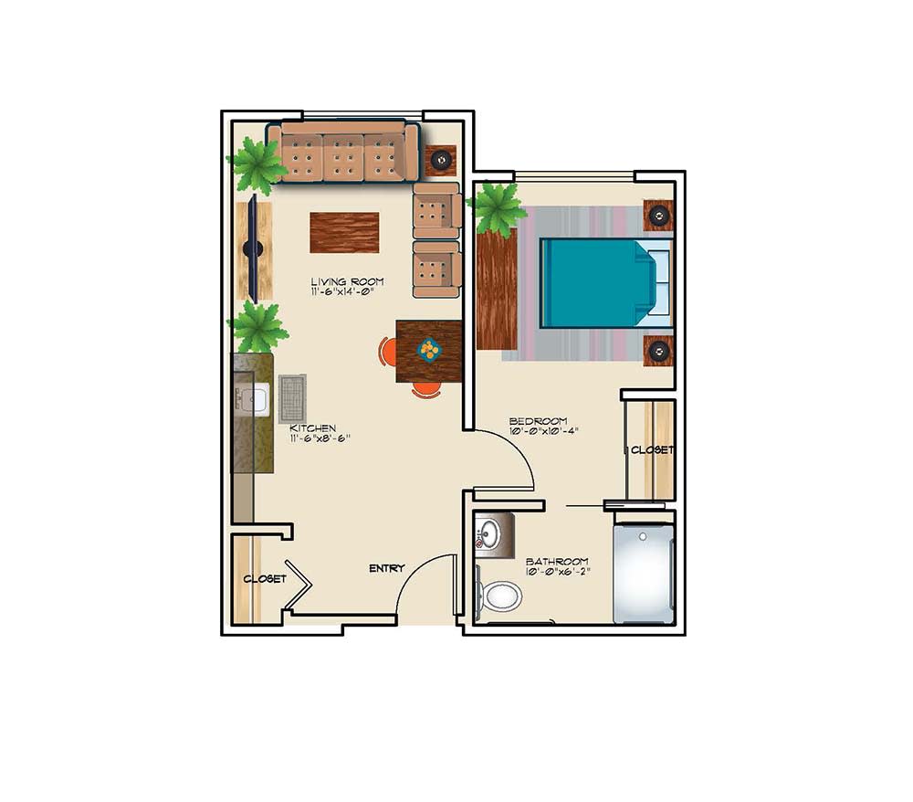 A compact one-bedroom apartment floor plan with living room, kitchen, bathroom, and bedroom.