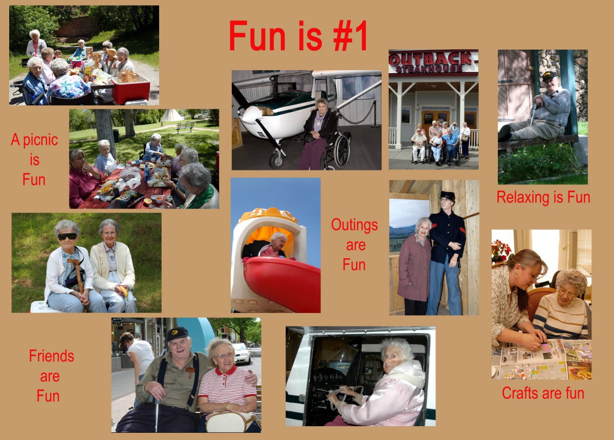 Collage of elderly enjoying various fun activities.