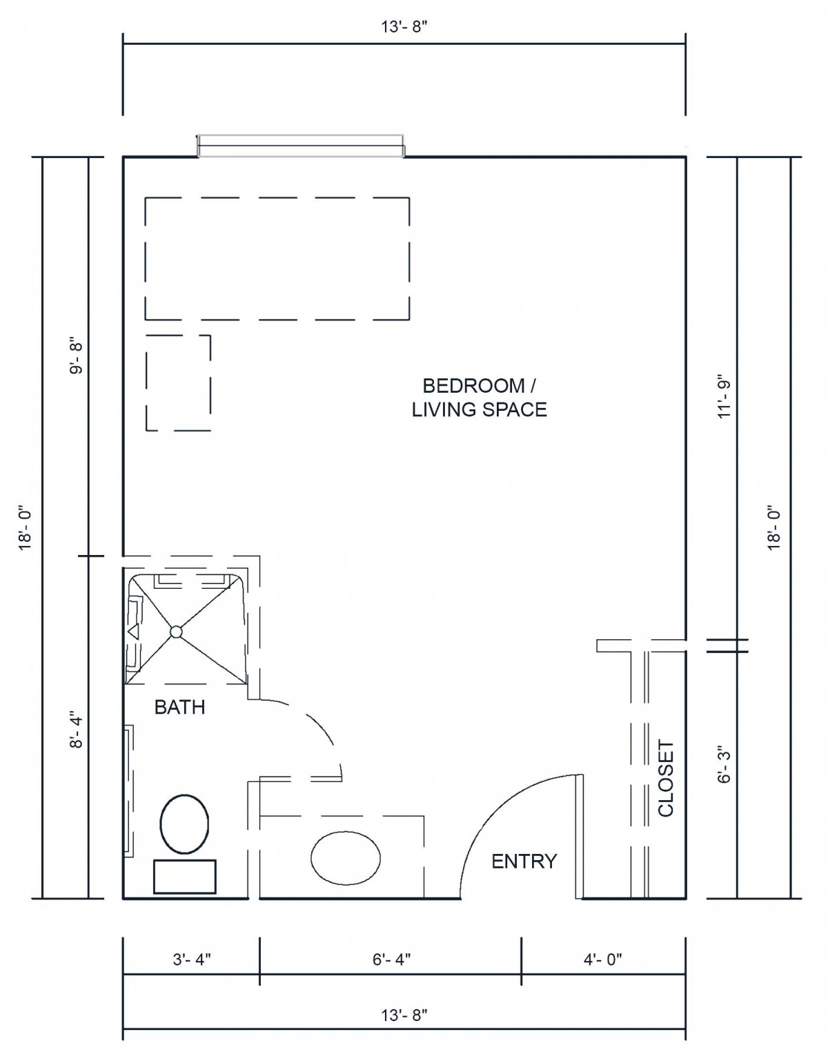 This image represents a floor plan of a studio apartment with specified areas for living, office, bath, and closet.