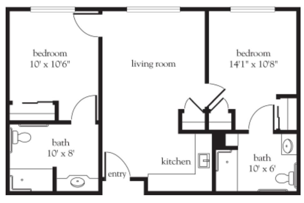 Floor plan of a one-bedroom apartment with living room, kitchen, and bath.
