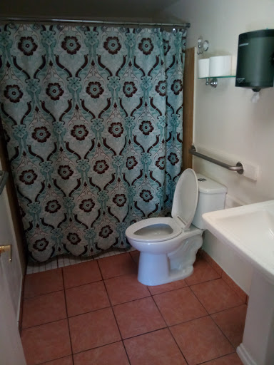 A clean and simple bathroom featuring a toilet, bathtub, and decorative shower curtain.