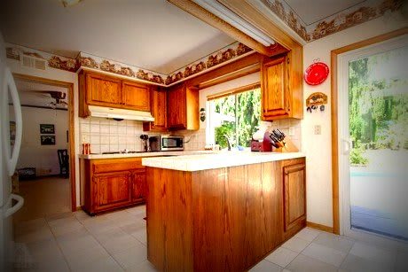 A traditional kitchen with wooden cabinets and a central countertop, featuring a microwave and indoor plants by the window.