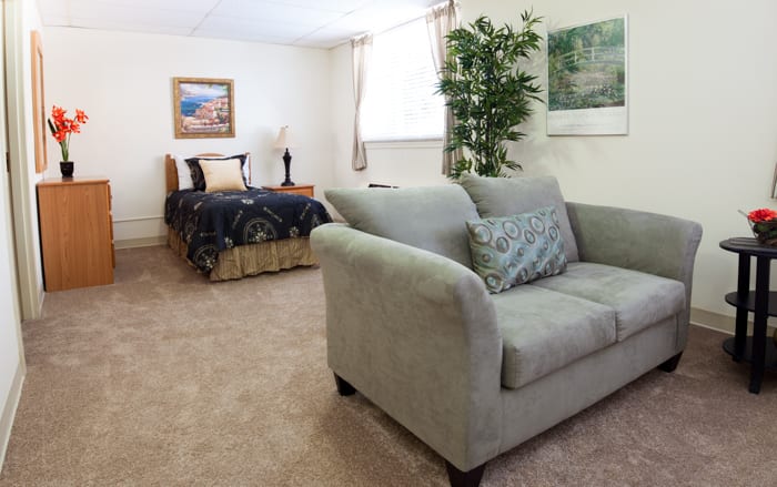 A cozy bedroom with a sofa and bed, featuring neutral decor and natural light.