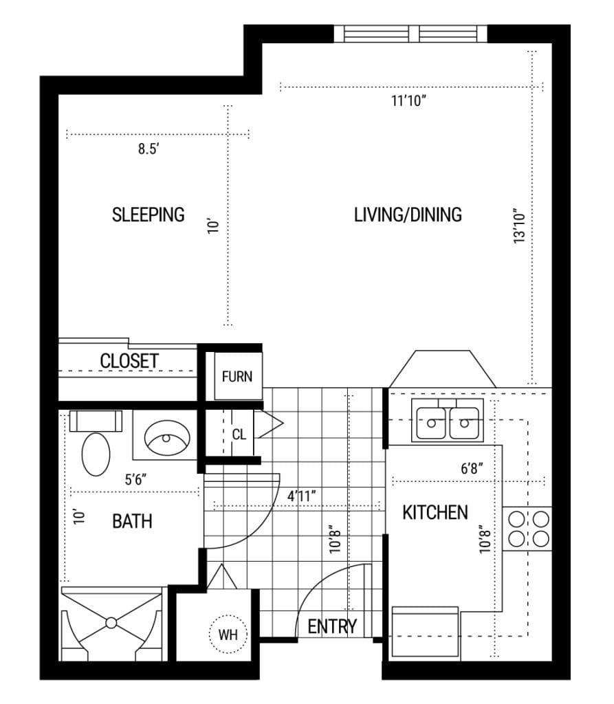 An apartment floor plan showing the layout of a studio with living/dining area, kitchen, bathroom, and closet.