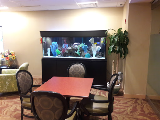A cozy dining area featuring a vibrant aquarium and comfortable seating.
