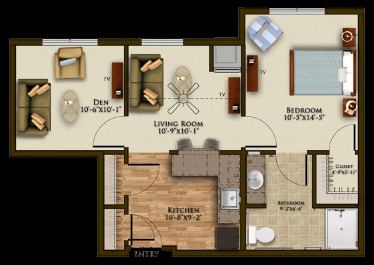 A floor plan of a one-bedroom apartment featuring a kitchen, living room, bathroom, and office area.