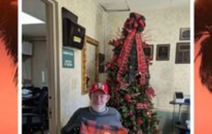 A festive indoor setting with a decorated Christmas tree and a person sitting nearby.