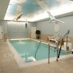 An indoor therapy pool equipped with a disability access lift and unique ceiling decorations.
