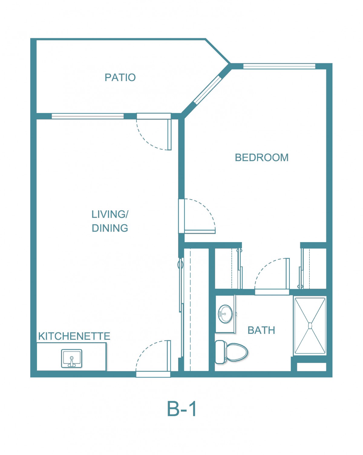 A simple floor plan of a one-bedroom apartment featuring a living/dining area, a kitchenette, a bathroom, and a patio.