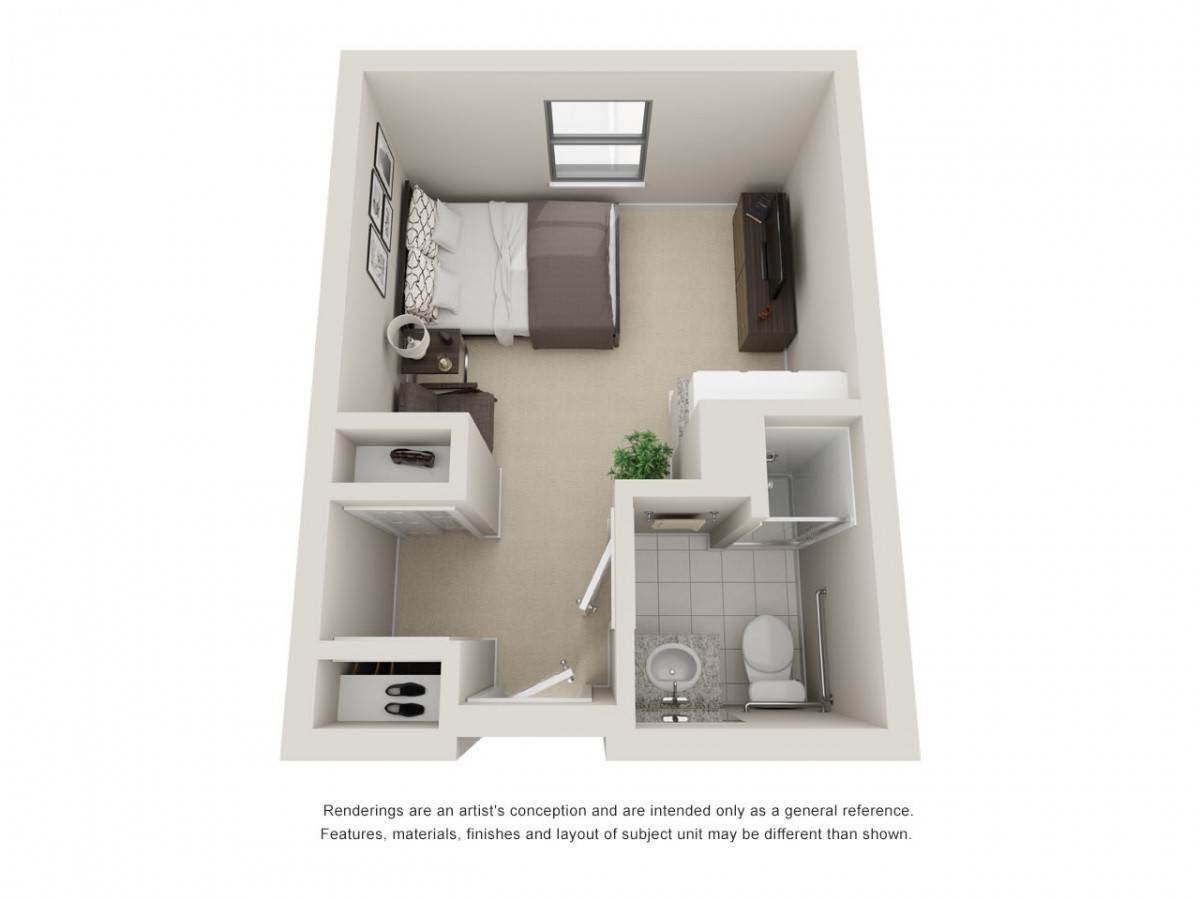 A compact studio layout with a bedroom, bathroom, and storage area.