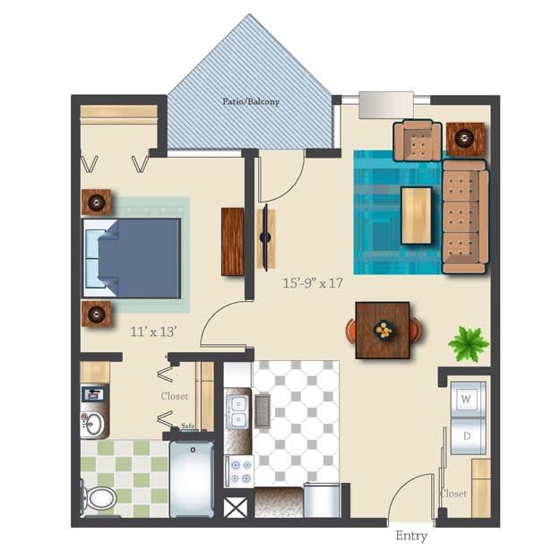 A floor plan of a one-bedroom apartment including a living room, kitchen, and bathroom.