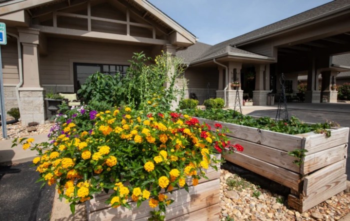 A beautifully maintained garden with vibrant flowers in raised beds in front of a residential house.