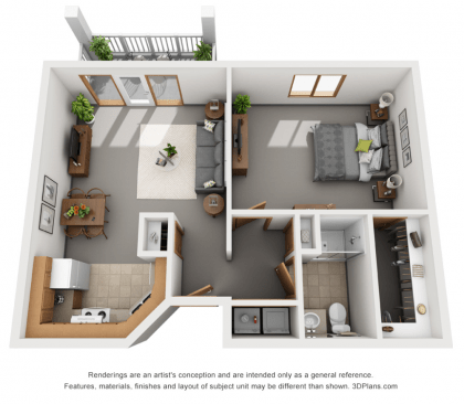 A 3D floor plan of a one-bedroom apartment featuring a living room, kitchen, bathroom, and balcony.