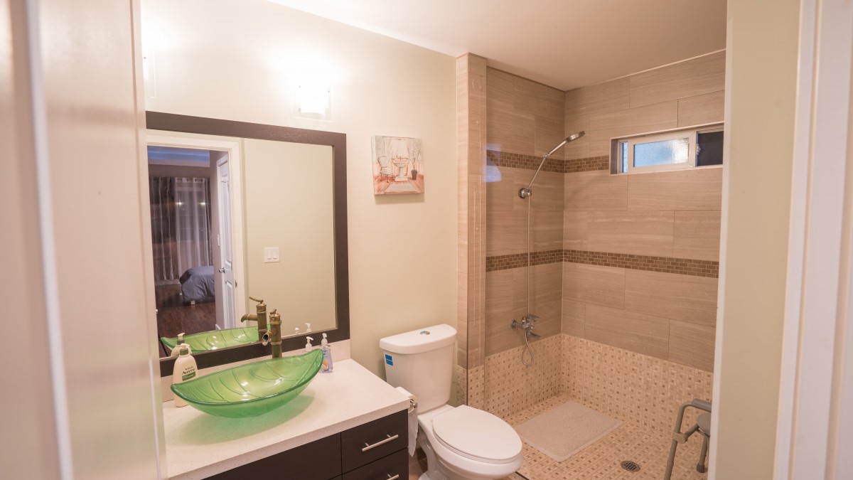A modern bathroom with a glass vessel sink, a toilet, and a walk-in shower.