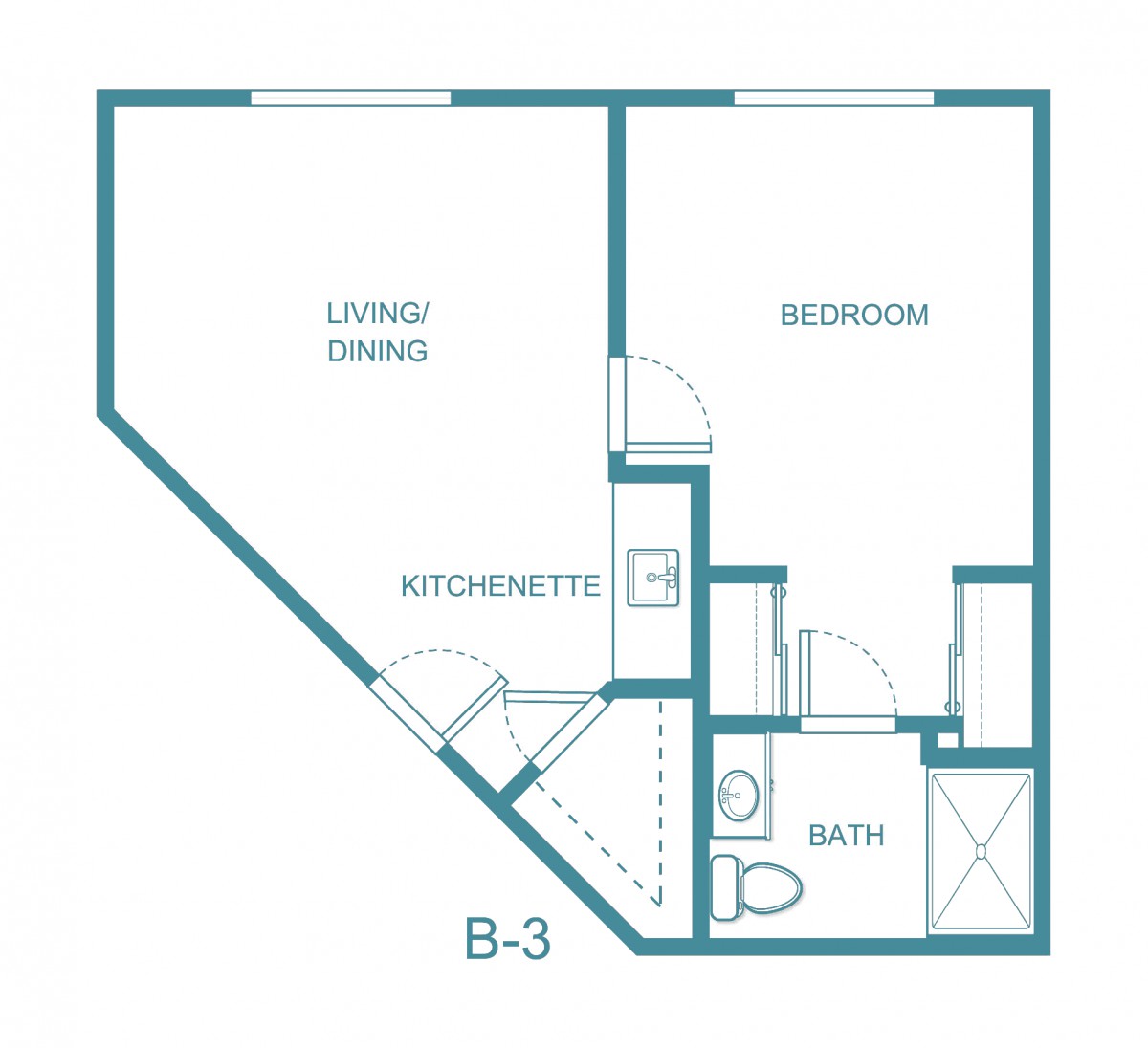 A floor plan of a one-bedroom apartment featuring a living/dining area, kitchenette, and bathroom.