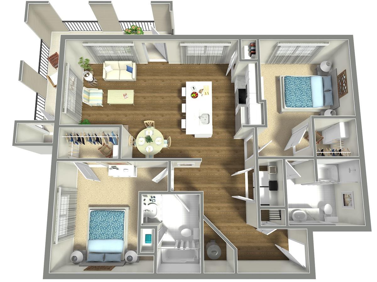 3D floor plan depicting a modern apartment layout with three bedrooms, a living area, and an open kitchen.