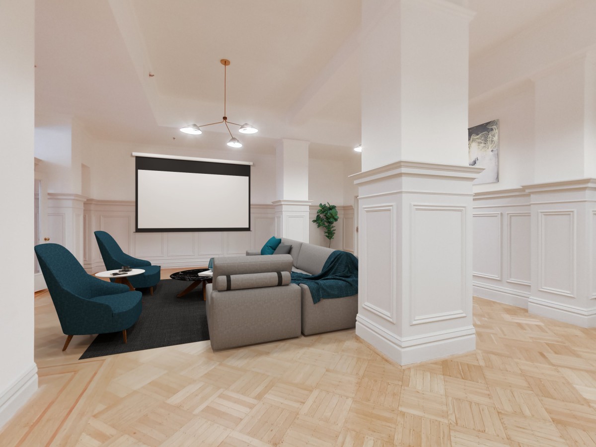 A modern living room featuring comfortable seating, a projector screen, and elegant decor.