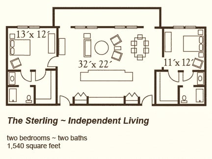 Floor plan of a Sterling independent living apartment with two bedrooms and two baths.