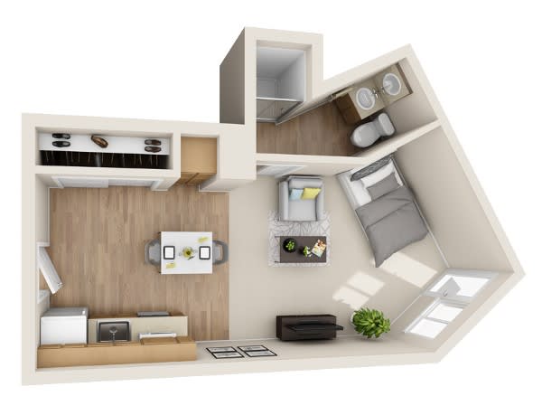 A detailed floor plan of a modern apartment featuring an open living and kitchen area, a separate bedroom, and a bathroom.