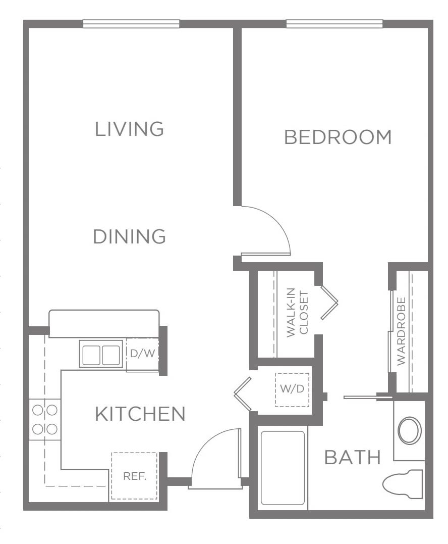 A floor plan layout of a one-bedroom apartment with designated areas for the kitchen, living room, dining, and bathroom.