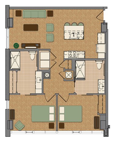 An apartment floor plan featuring two bedrooms, a living area, a kitchen, and two bathrooms.
