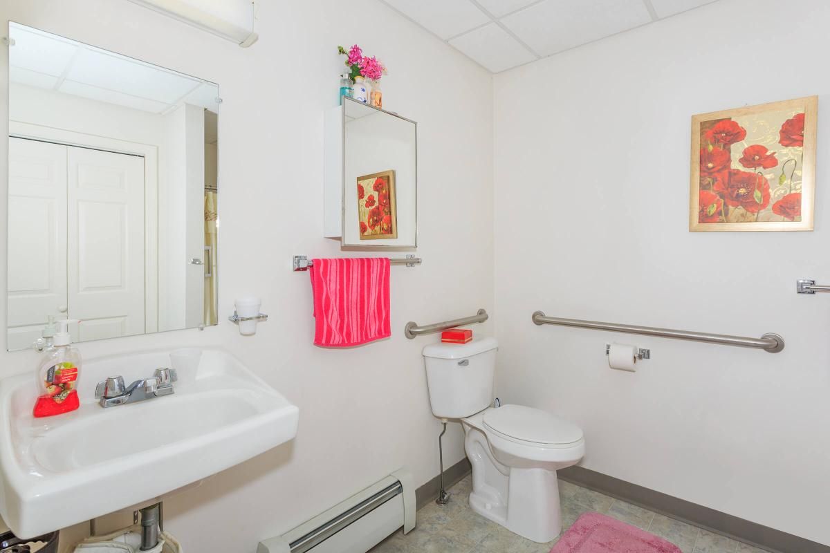 A brightly lit bathroom with pink accents, featuring a sink, toilet, mirror, and towel rack.