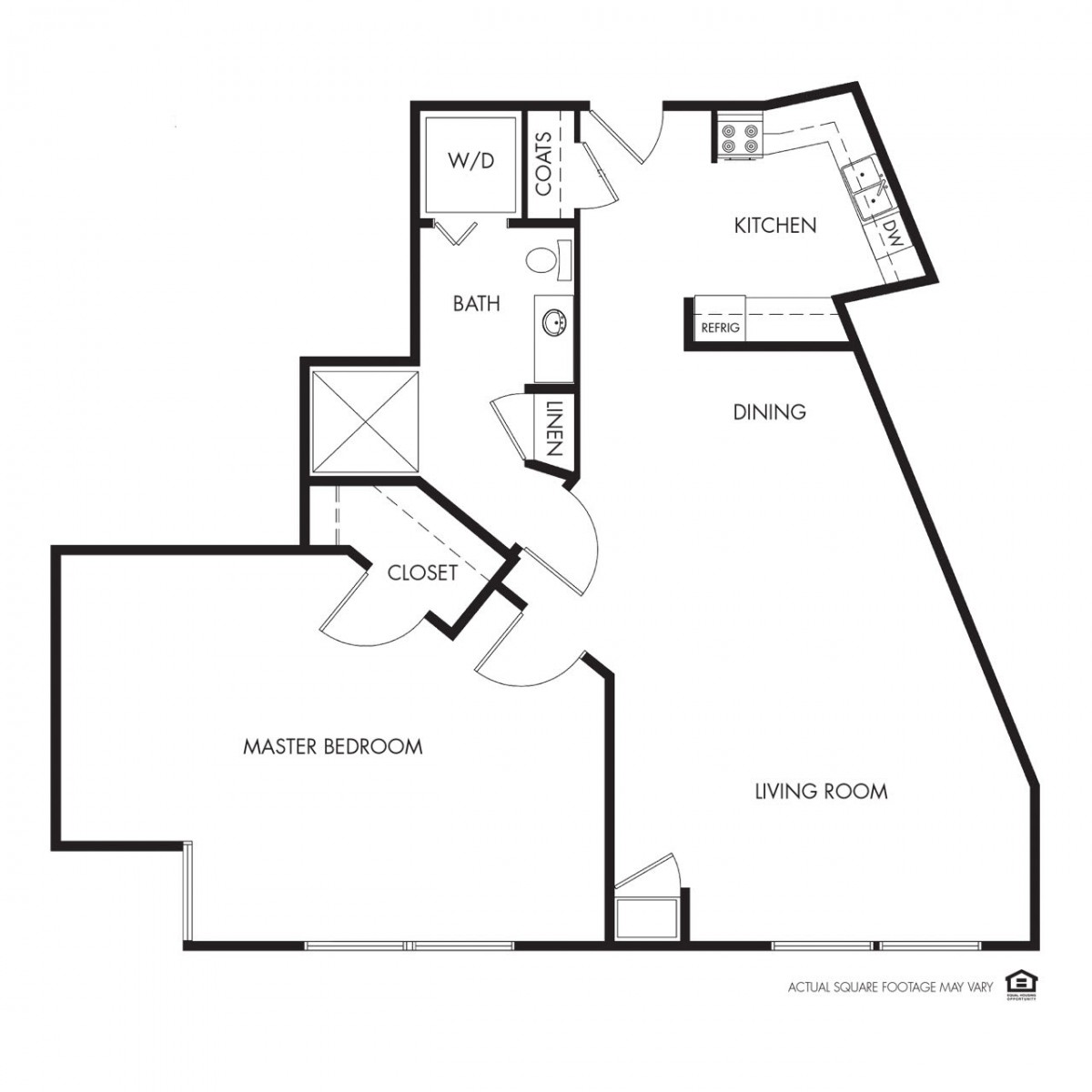 This image is a floor plan of an apartment, featuring one bedroom, a kitchen, bathroom, living room, and dining area.