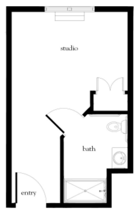 A floor plan of a studio apartment featuring a bathroom and open living area.