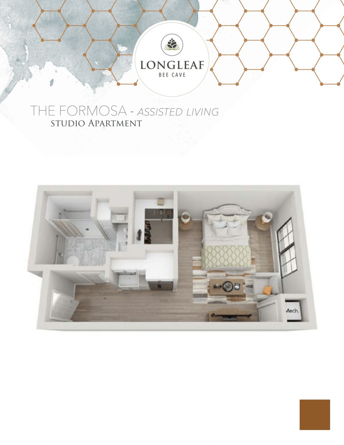 3D layout of a studio apartment showcasing furniture and spaces.